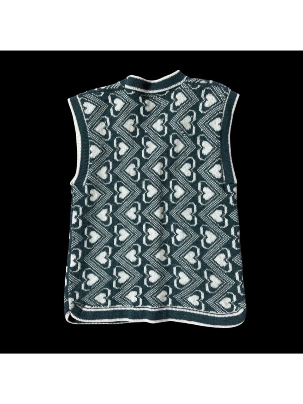Vintage Sweater Vest Green White Hearts Romantic Cottage Button Up Shirt Retro - Picture 3 of 7